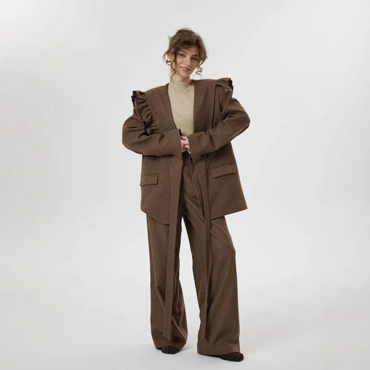 Women Two-Piece Oversized Blazer and Pants Set with Ruffled Shoulder and High Pleat Mune Fashion