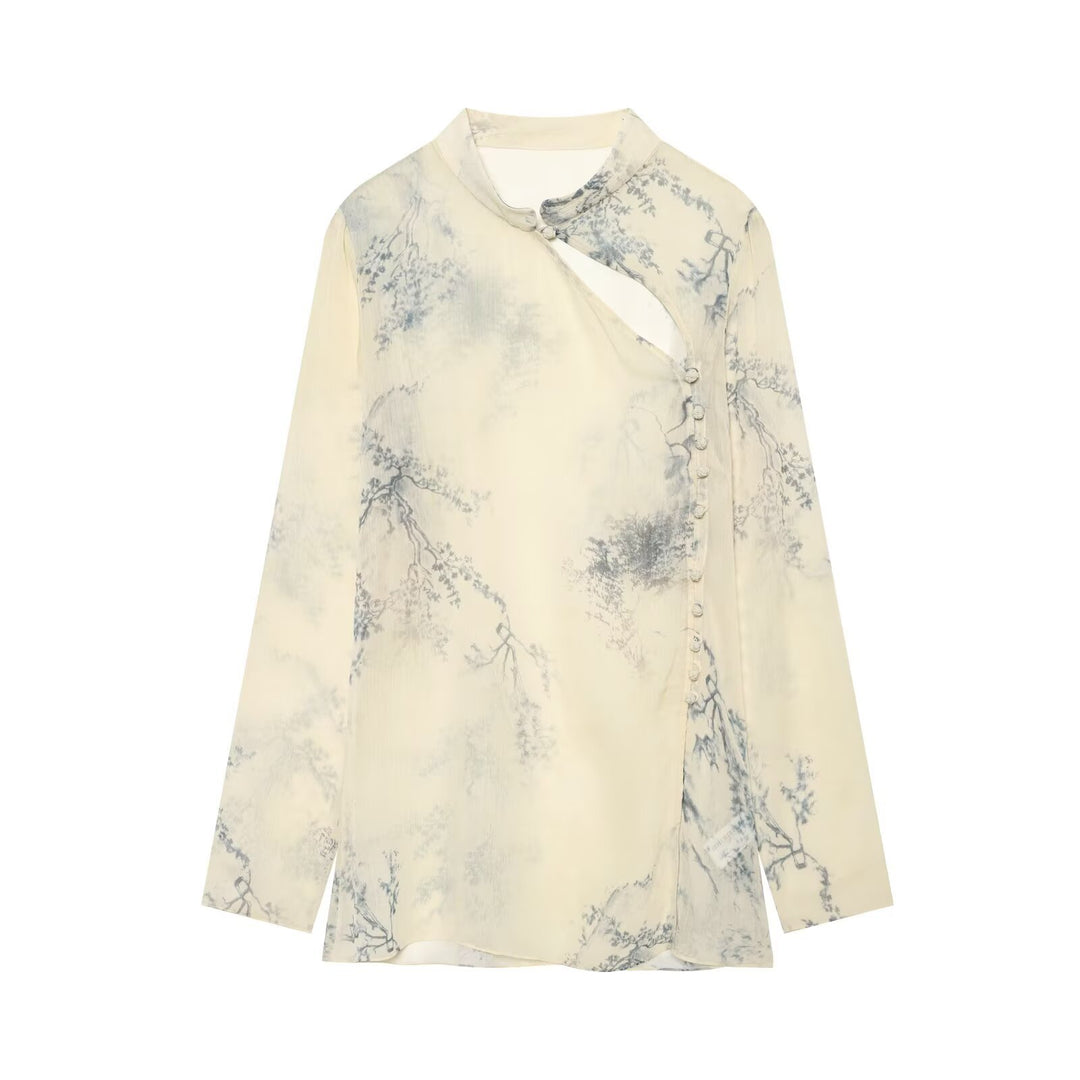Women Casual Silk-Look Tunic with Mandarin Collar, Asymmetrical Button Placket and Delicate Landscape Print Drune