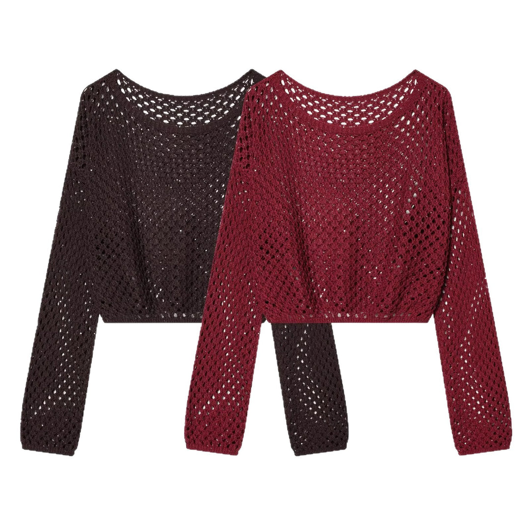 Women's Loose Crocheted Cropped Sweater with Openwork Pattern Mune Fashion