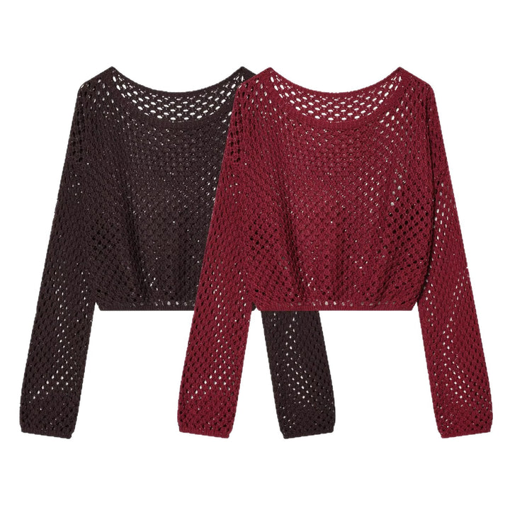 Women's Loose Crocheted Cropped Sweater with Openwork Pattern Mune Fashion