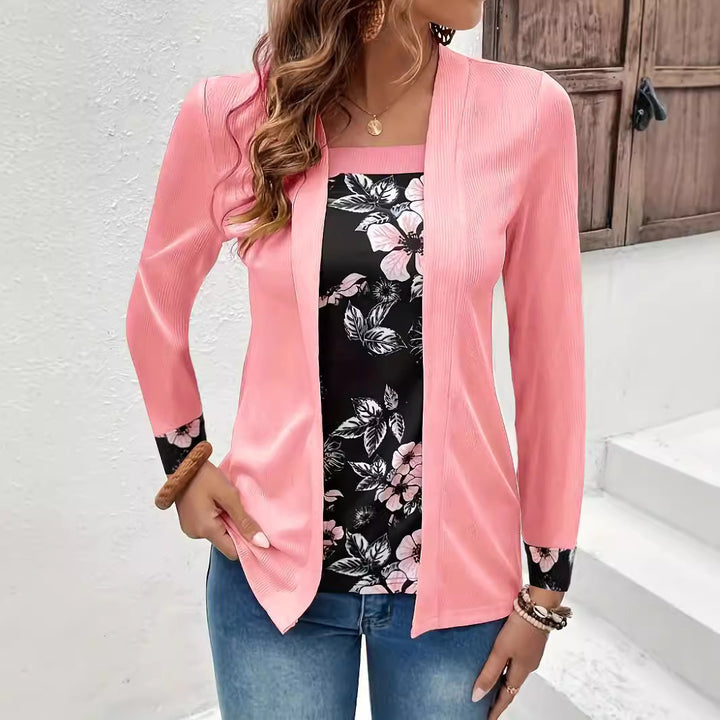Women's Open Long Cardigan with Textured Crinkle Look and Floral Insert Top Mune Fashion