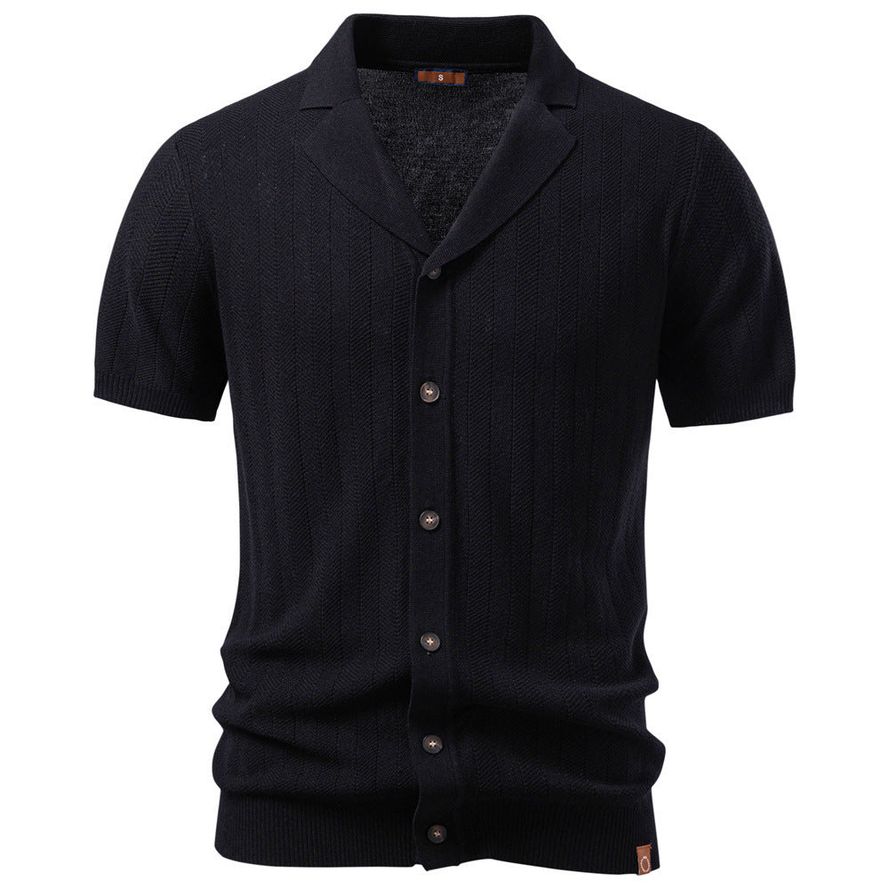 Men's short sleeve knitted cardigan with lapel collar and fine textured knit Mune Fashion