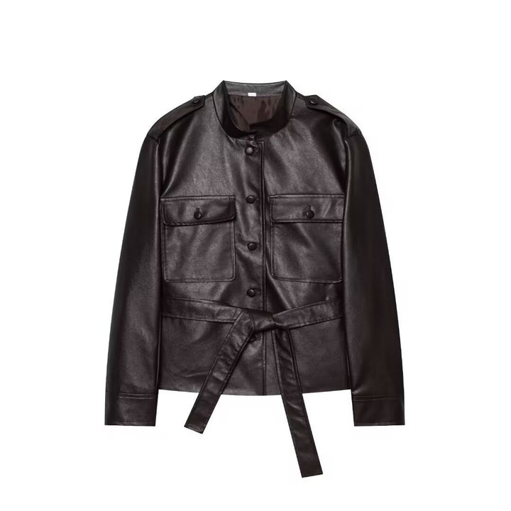Women Cropped Safari Jacket made of vegan leather with tying belt and epaulettes Mune Fashion