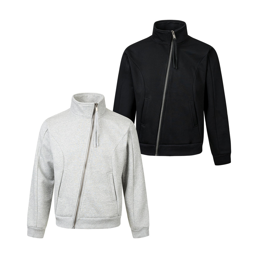 Unisex Short-cut Sweat Jacket with High Stand-up Collar and Asymmetrical Zipper Mune Fashion