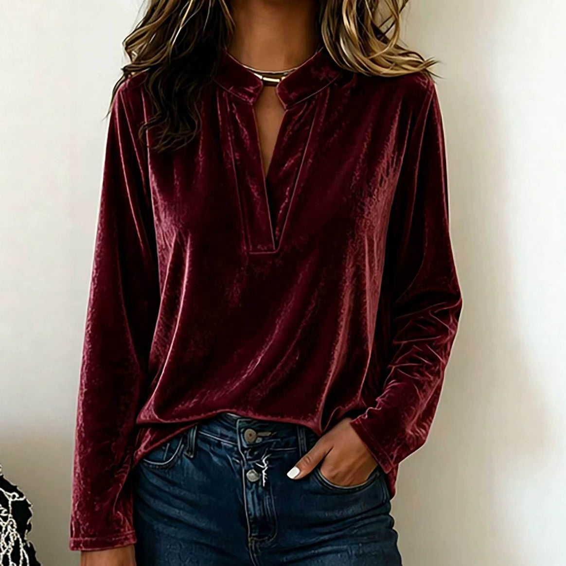Women's velvet blouse with stand-up collar, deep V-neck and loose long sleeve cut Mune Fashion