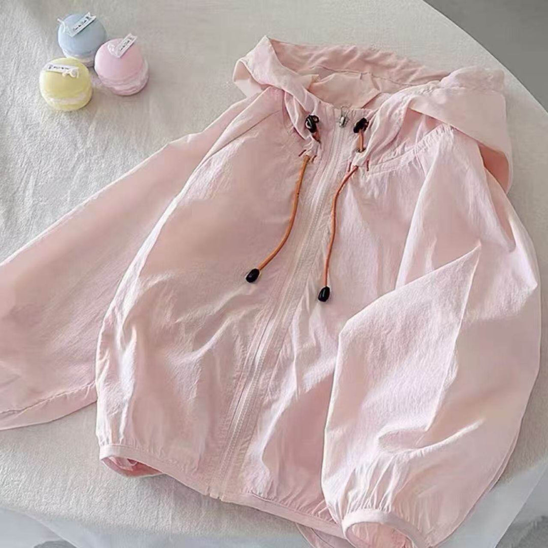 Women's lightweight hooded jacket windbreaker with drawstring, elastic hem and zipper Mune Fashion