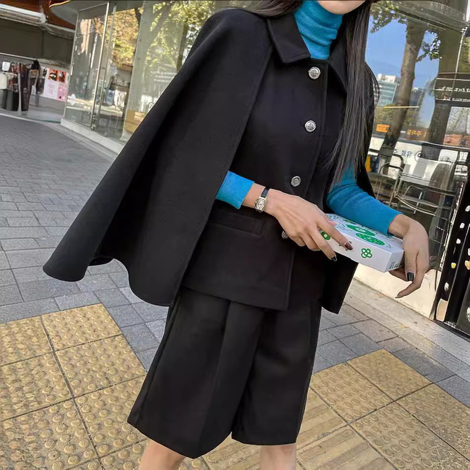 Women's Short Wool Blend Cape Coat with Shirt Collar and Patch Pockets Mune Fashion