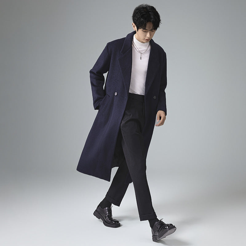 Men's Elegant Long Wool Blend Coat with Downfall Shawl Collar and Clean Single Breasted Mune Fashion