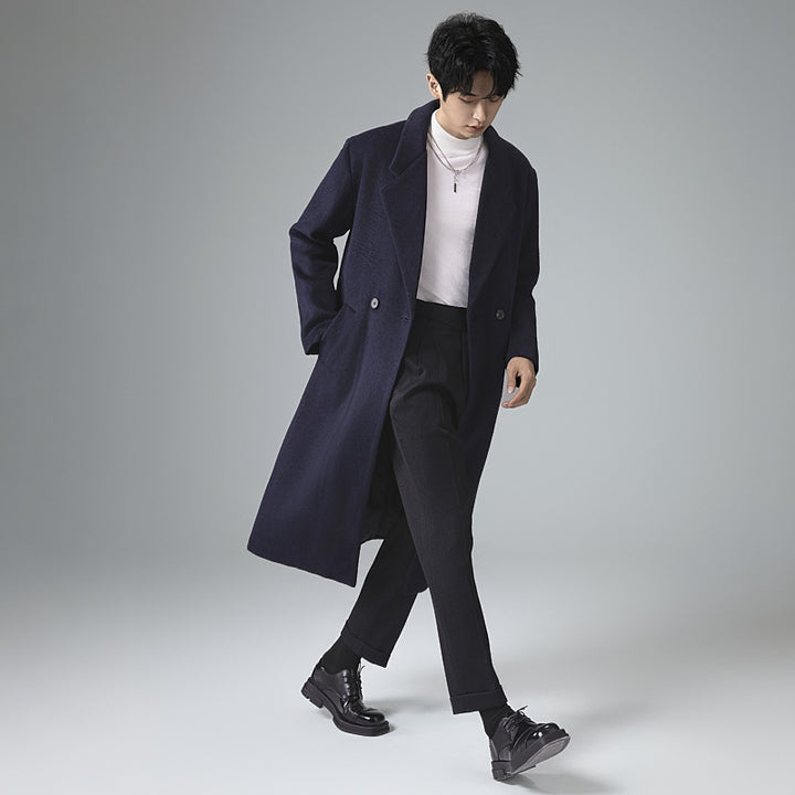 Men's Elegant Long Wool Blend Coat with Downfall Shawl Collar and Clean Single Breasted Mune Fashion