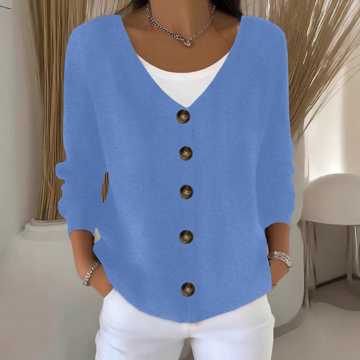 Women Loose V-Neck Fine Knit Cardigan with Wooden Button Placket Mune Fashion