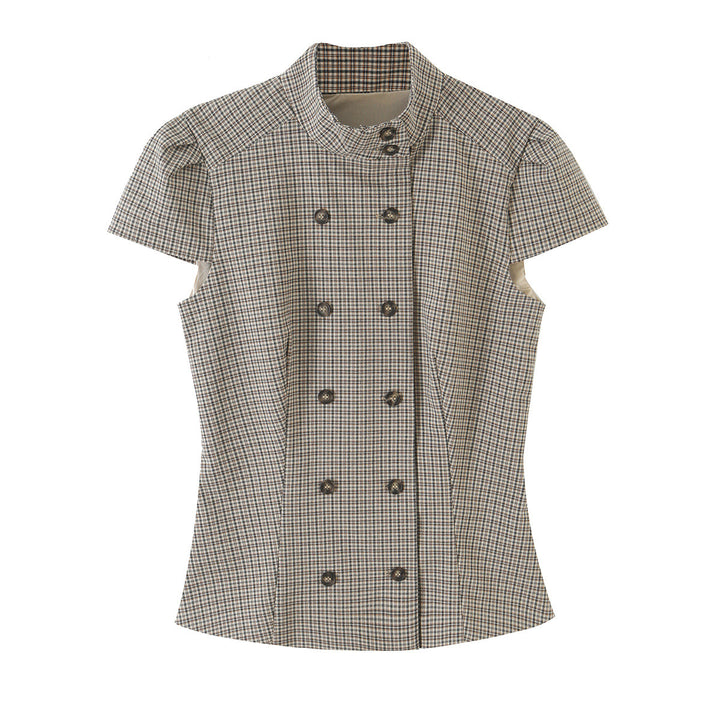 Women Tailored Short Sleeve Waistcoat with Pinstripes and Double Button Placket Mune Fashion