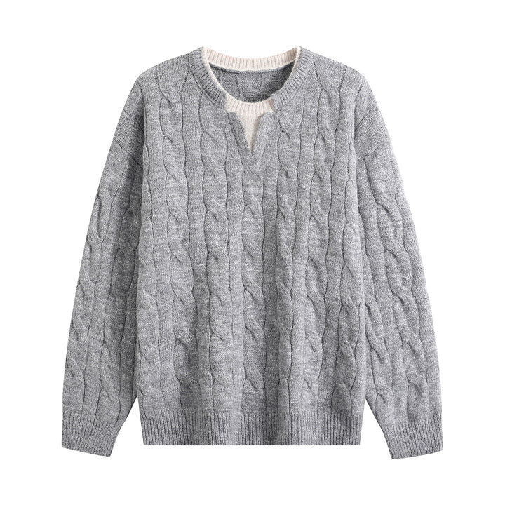 Women Oversize Cable Knit Sweater with V-Slit Collar Mune Fashion