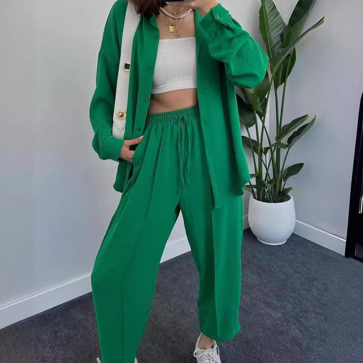 Women's Casual Two-Piece Lounge Set Made of Crêpe with Oversized Shirt and High Elastic Waistband Mune Fashion
