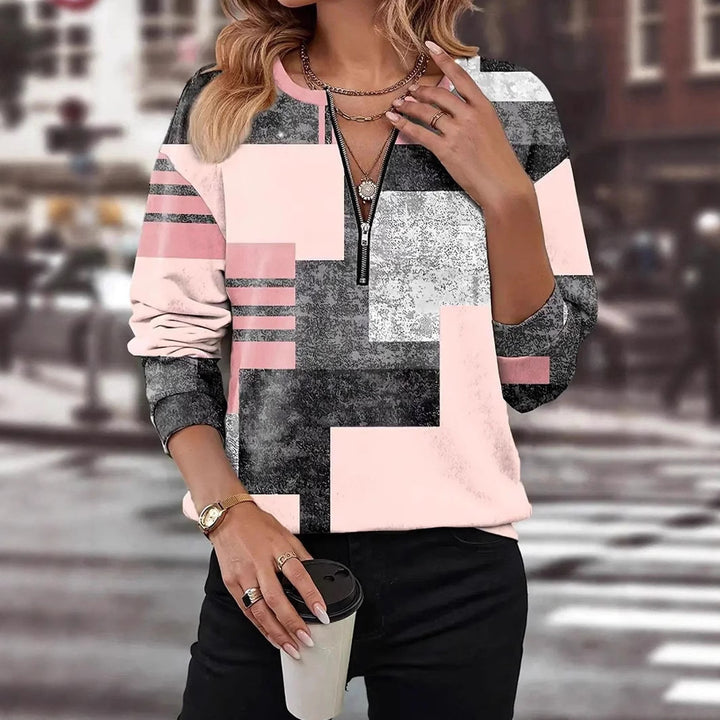 Women's Casual Sweatshirt with Short V-Zipper, Graphic Block Pattern and Casual Fit Mune Fashion