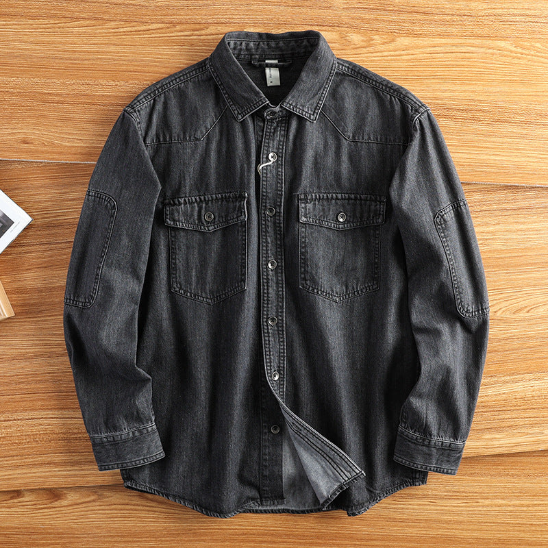 Men's Relaxed Denim Jacket with Flap Pockets, Reinforced Elbows and Visible Button Placket Mune Fashion