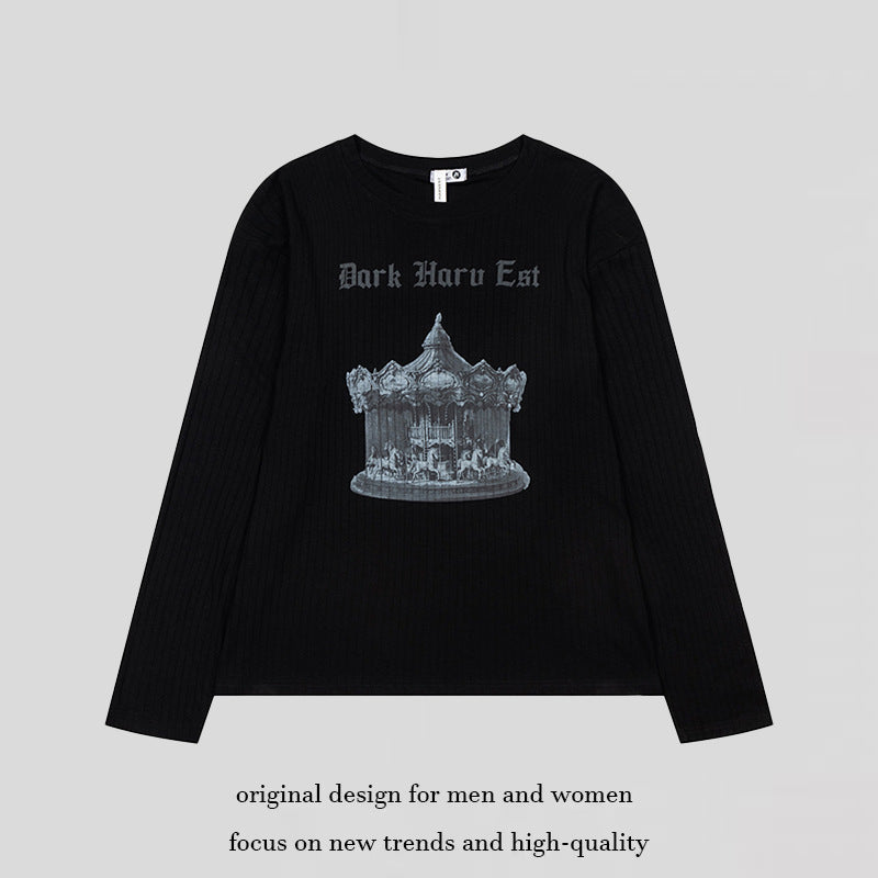 Women long sleeve shirt made of fine rib jersey with vintage carousel photo print and round neck.