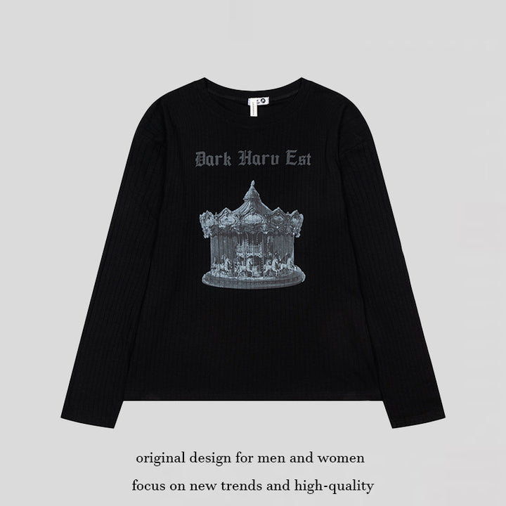 Women long sleeve shirt made of fine rib jersey with vintage carousel photo print and round neck.