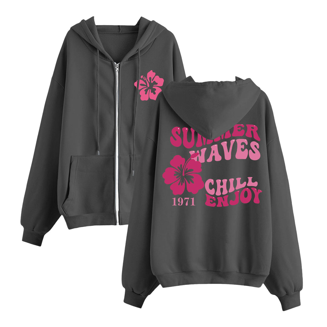 Women's relaxed zip hoodie with tropical hibiscus print, kangaroo pockets, and ribbed cuffs Mune Fashion