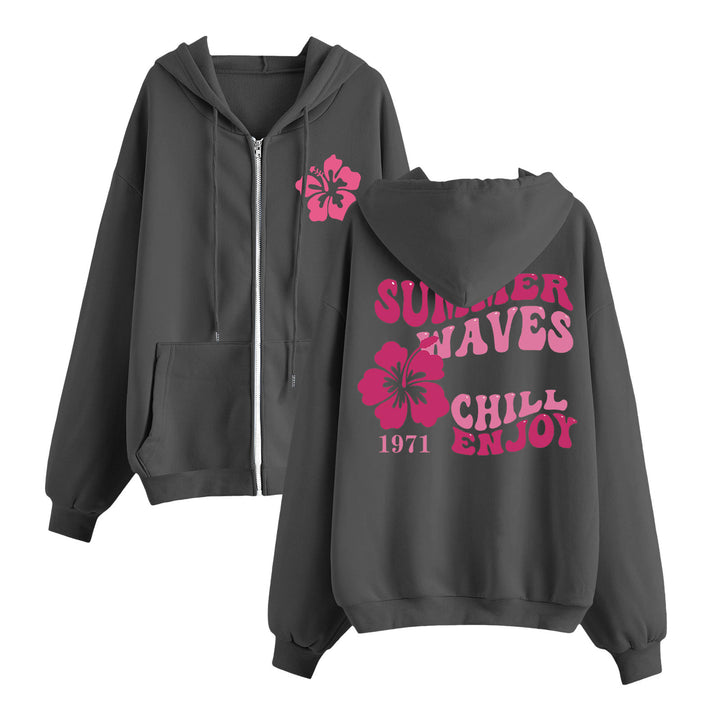 Women's relaxed zip hoodie with tropical hibiscus print, kangaroo pockets, and ribbed cuffs Mune Fashion