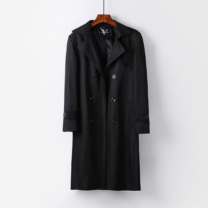 Men's trench coat with double-breasted button placket, waist belt, and classic lapel Mune Fashion