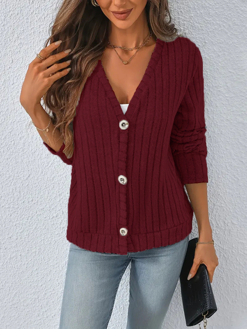 Women’s ribbed V-neck knit cardigan with decorative buttons, slightly dropped shoulder and boxy hem Mune Fashion