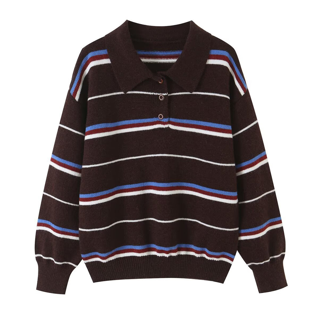 Women's Striped Knit Polo Sweater with Short Button Placket and Ribbed Cuffs Mune Fashion