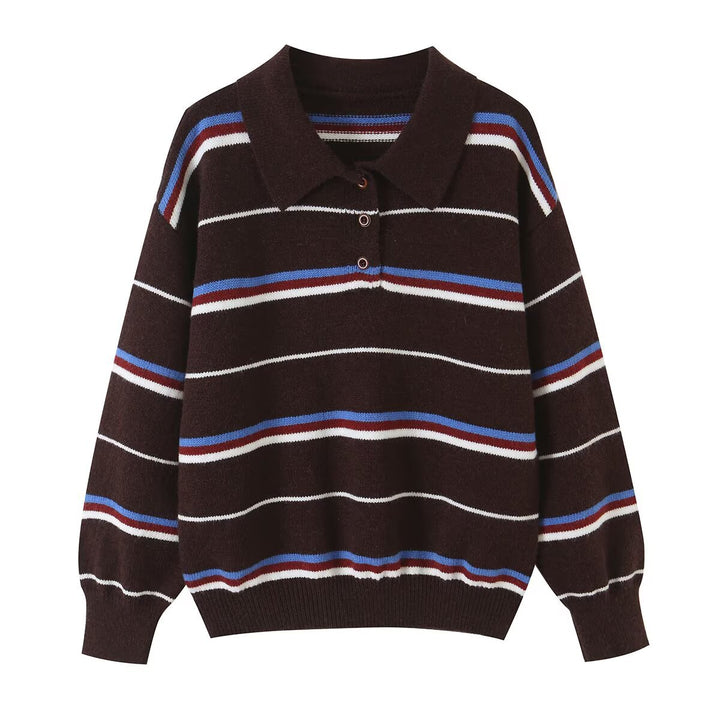 Women's Striped Knit Polo Sweater with Short Button Placket and Ribbed Cuffs Mune Fashion