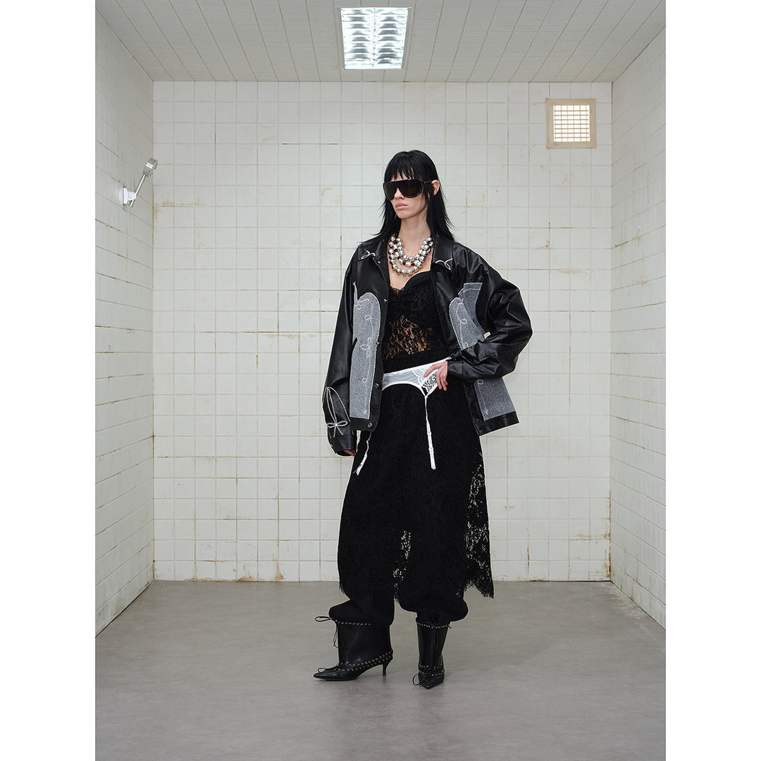 Unisex Boxy Blouson made of faux leather and wool blend with Western embroidery Mune Fashion
