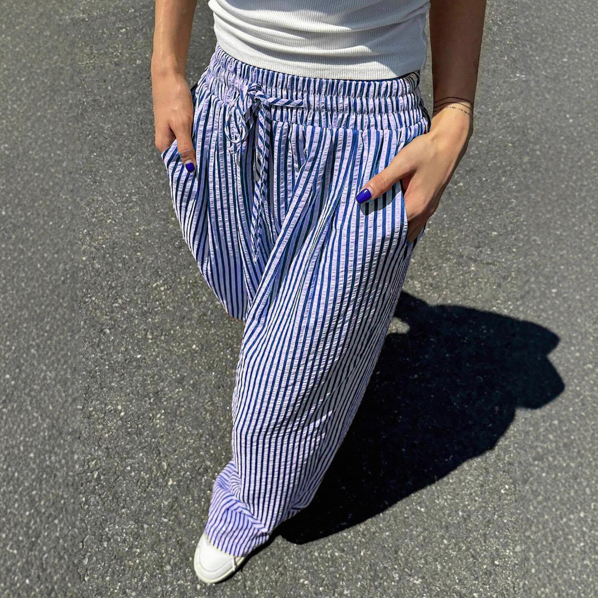 Women's Marlene striped pants made of linen blend with wide leg, elastic waistband and drawstring Mune Fashion