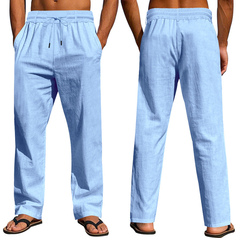 Men's lightweight cotton linen casual pants with drawstring straight cut Mune Fashion
