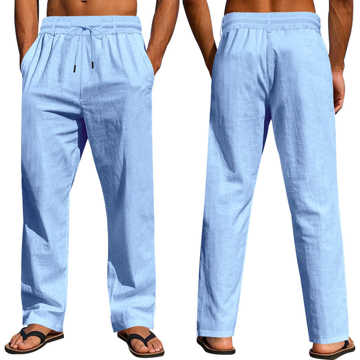 Men's lightweight cotton linen casual pants with drawstring straight cut Mune Fashion