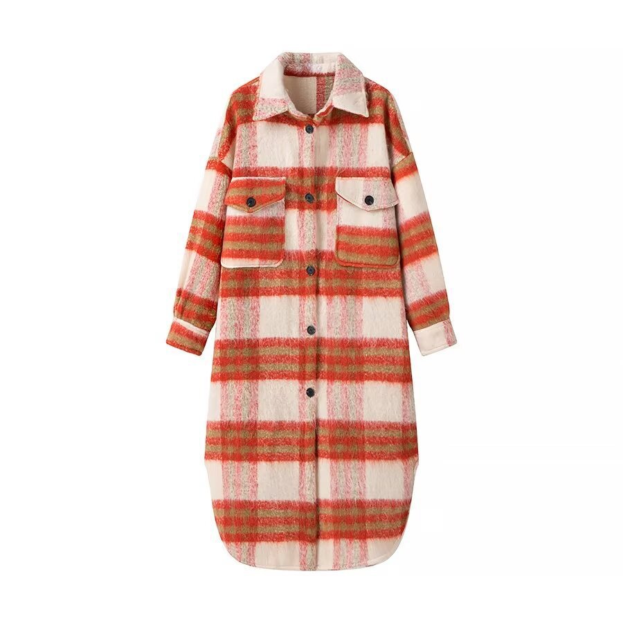 Women Longer Checked Teddy Coat in Shirt Jacket Look with Shirt Collar and Patch Pockets Mune Fashion