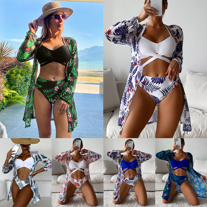 Women’s bikini set with floral design and loose cover-up drape