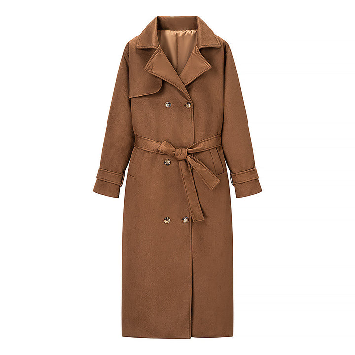 Women Long Double-breasted Coat in Trench Coat Style with Waist Belt and Sleeve Tabs Mune Fashion