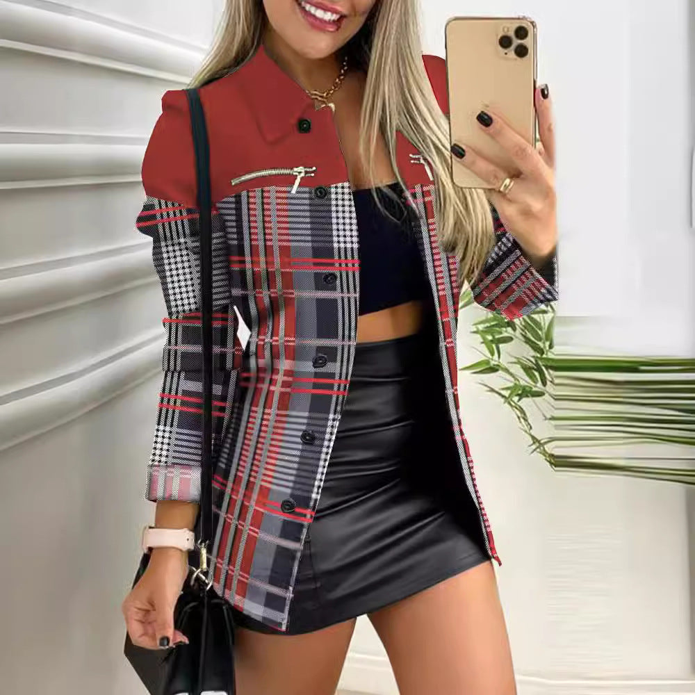 Women's checked long blazer in shacket style with decorative zippers Mune Fashion