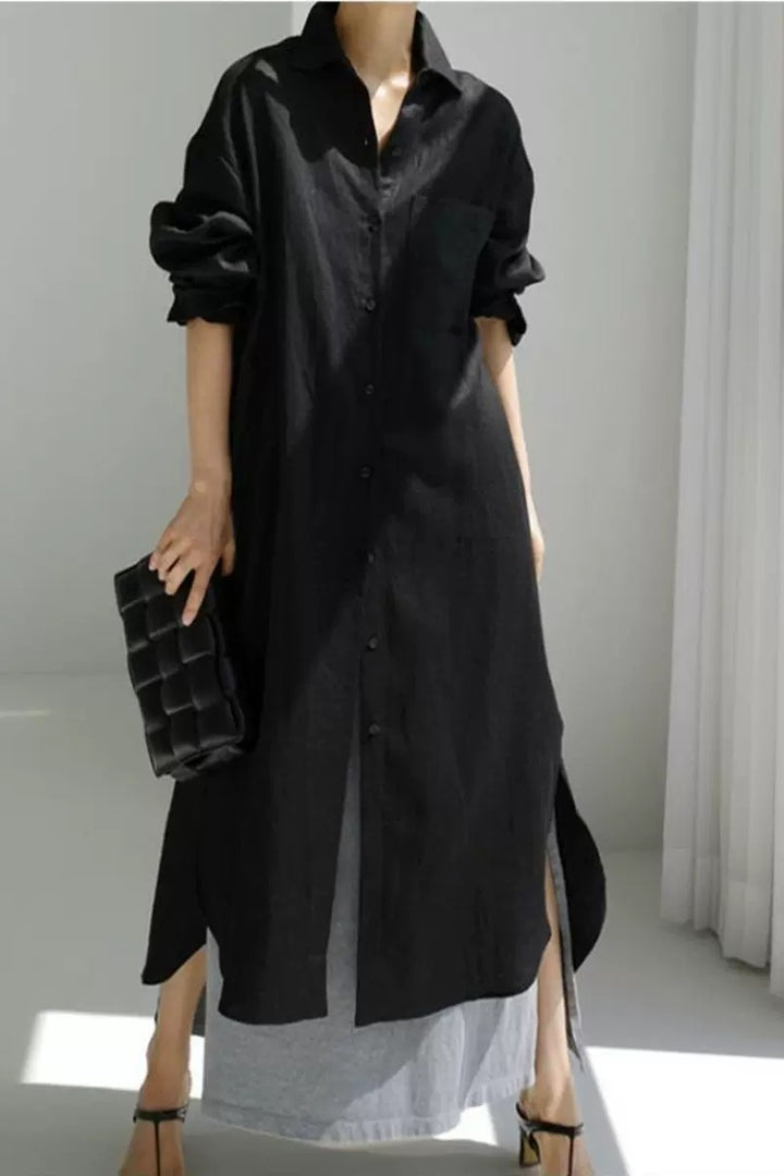 Women's Oversize Linen Maxi Dress with Stand Collar, Roll-Up Sleeves and High Side Slits Mune Fashion