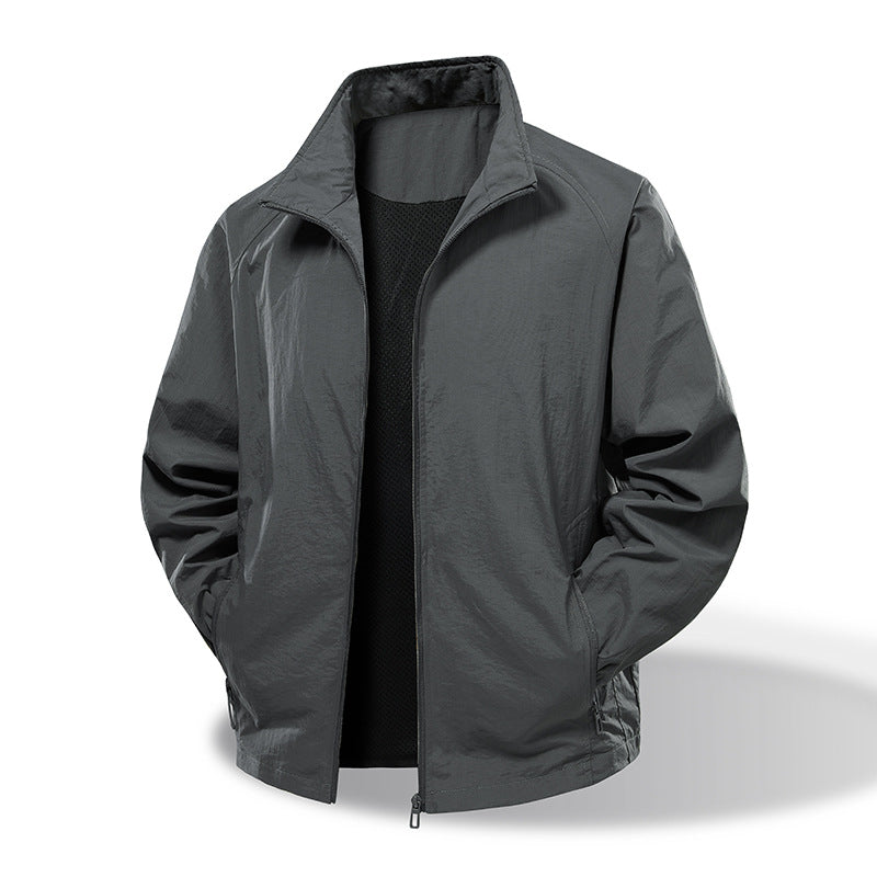 Men's Lightweight Windbreaker Outdoor Jacket with Stand Collar, Two-way Zipper and Concealed Pockets Mune Fashion