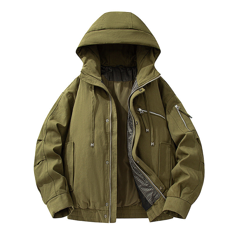 Men's Utility Hooded Jacket with Zipper, Multifunctional Pockets and Elastic Hem Drune