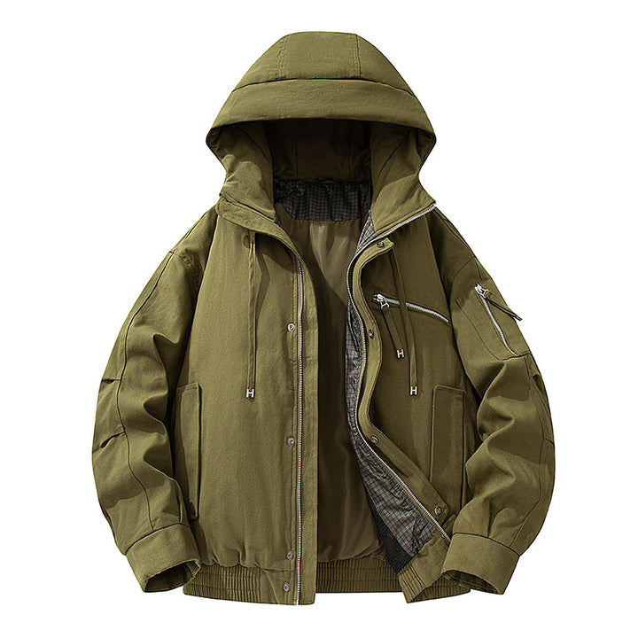 Men's Utility Hooded Jacket with Zipper, Multifunctional Pockets and Elastic Hem Drune