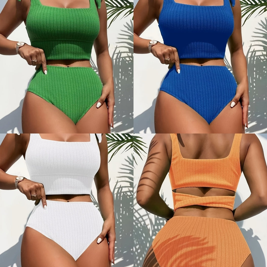Women's High-Waisted Bikini Set with Casual Crop Top and Playful Ties Mune Fashion
