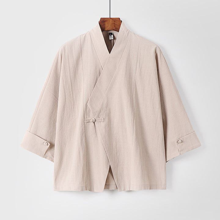 Men's Linen Kimono Jacket with Traditional Knot Closure and Medium-Length Sleeves Mune Fashion