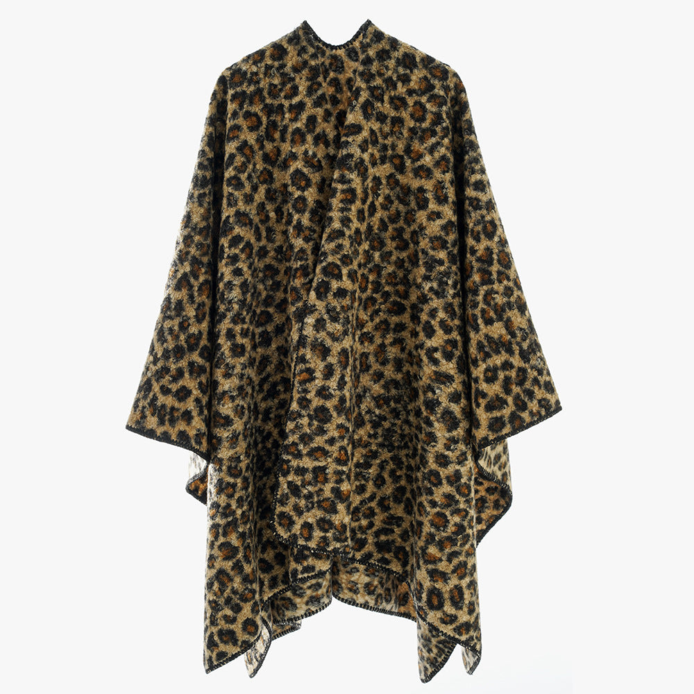 Women's Rectangular Wrap Ruana with Leopard Boucle and Fine Overlock Edging Mune Fashion