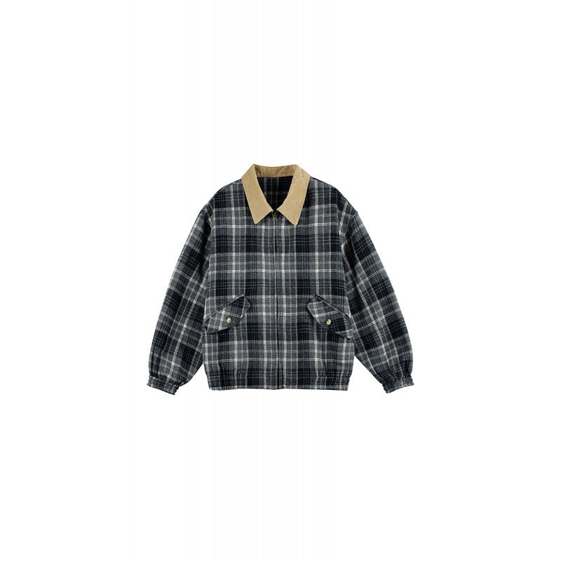 Unisex Checkered Boxy Over Shirt Jacket with Corduroy Collar, Concealed Zipper and Patch Flap Pockets Mune Fashion