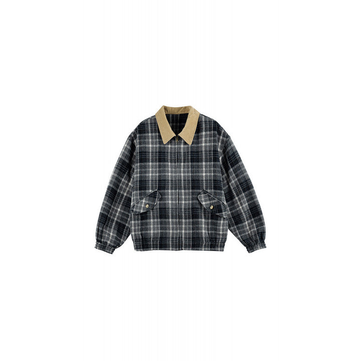 Unisex Checkered Boxy Over Shirt Jacket with Corduroy Collar, Concealed Zipper and Patch Flap Pockets Mune Fashion