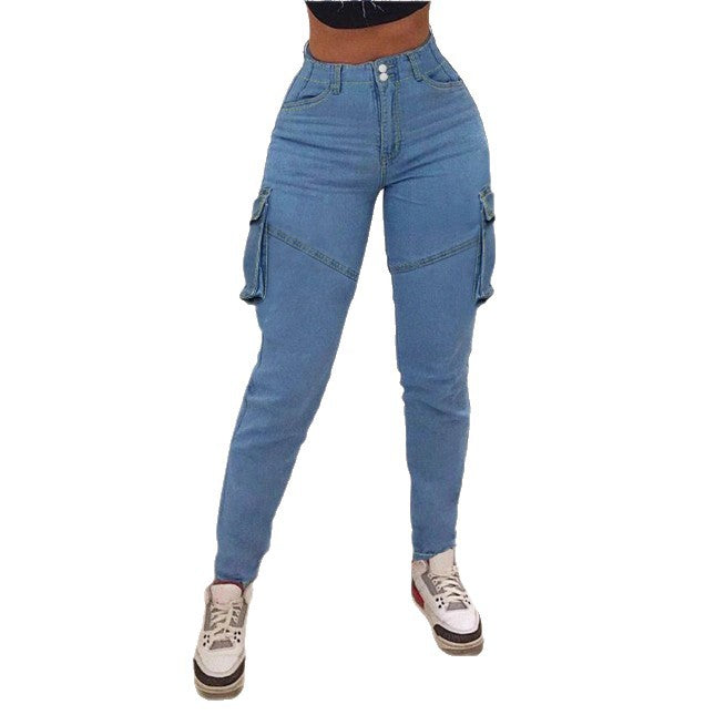 Women's high-waisted cargo slim jeans with side flap pockets and tapered leg Mune Fashion
