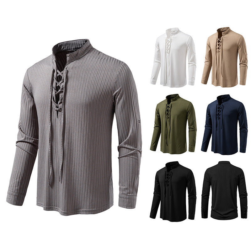 Men's Ribbed Long Sleeve Henley Shirt with Lacing and Stand Collar Mune Fashion
