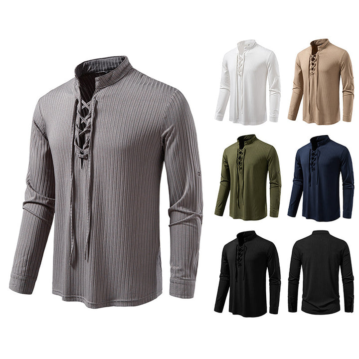 Men's Ribbed Long Sleeve Henley Shirt with Lacing and Stand Collar Mune Fashion