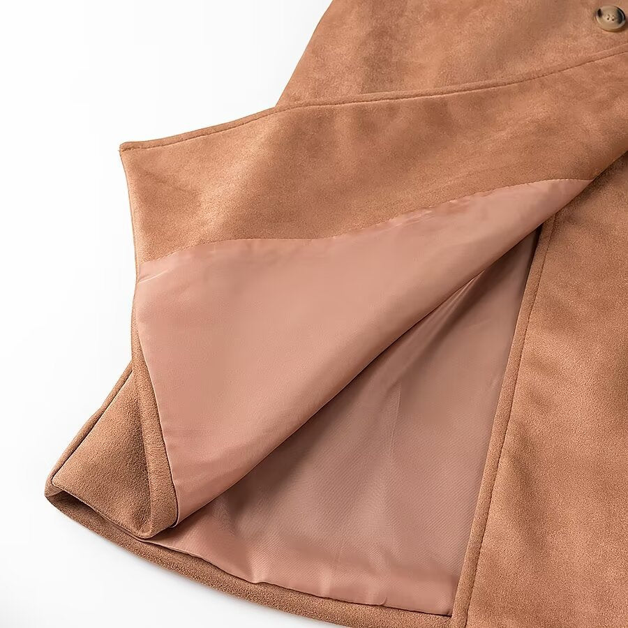 Women's longer tailored double-breasted coat with shawl collar, flap pockets and light thermal lining Mune Fashion