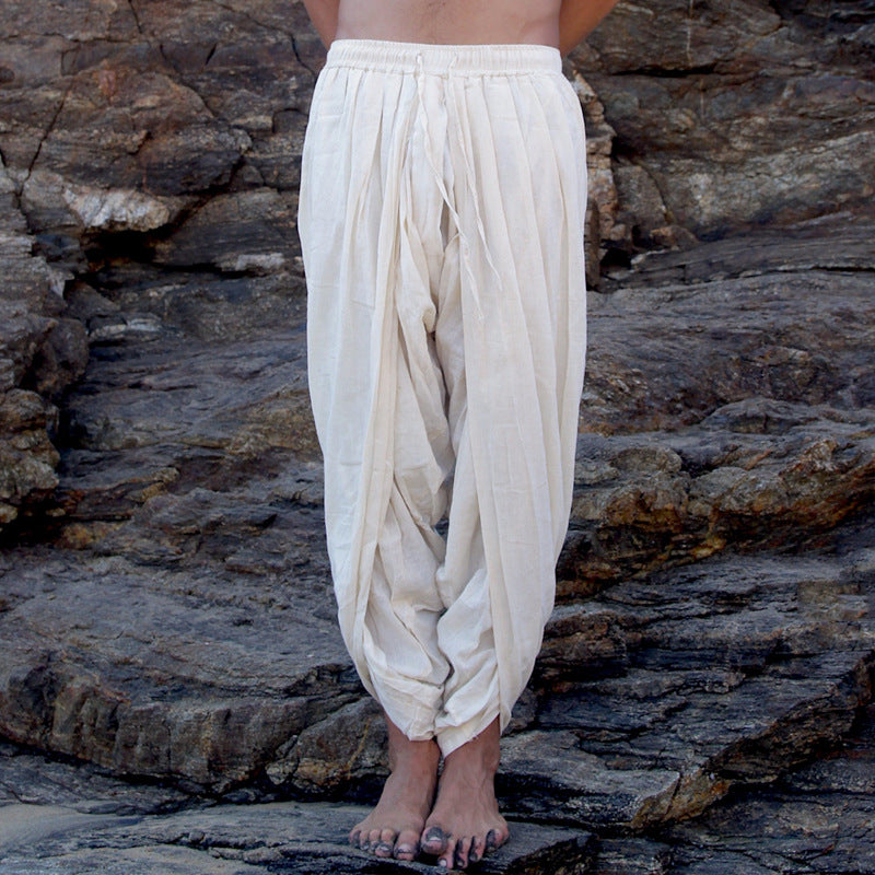 Men's loose harem pants made of lightweight cotton-linen with drawstring and pleats Mune Fashion
