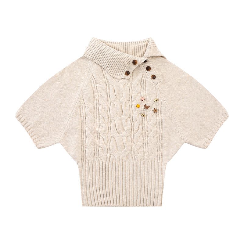 Women's Short-Sleeved Cable Knit Sweater Top with Stand Collar and Button Placket Mune Fashion